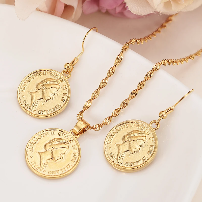 

gold New Zealand one dollar elizabeth ii Souvenir Coin pendant Earrings Women Party Bird wedding Jewelry girls charm gifts