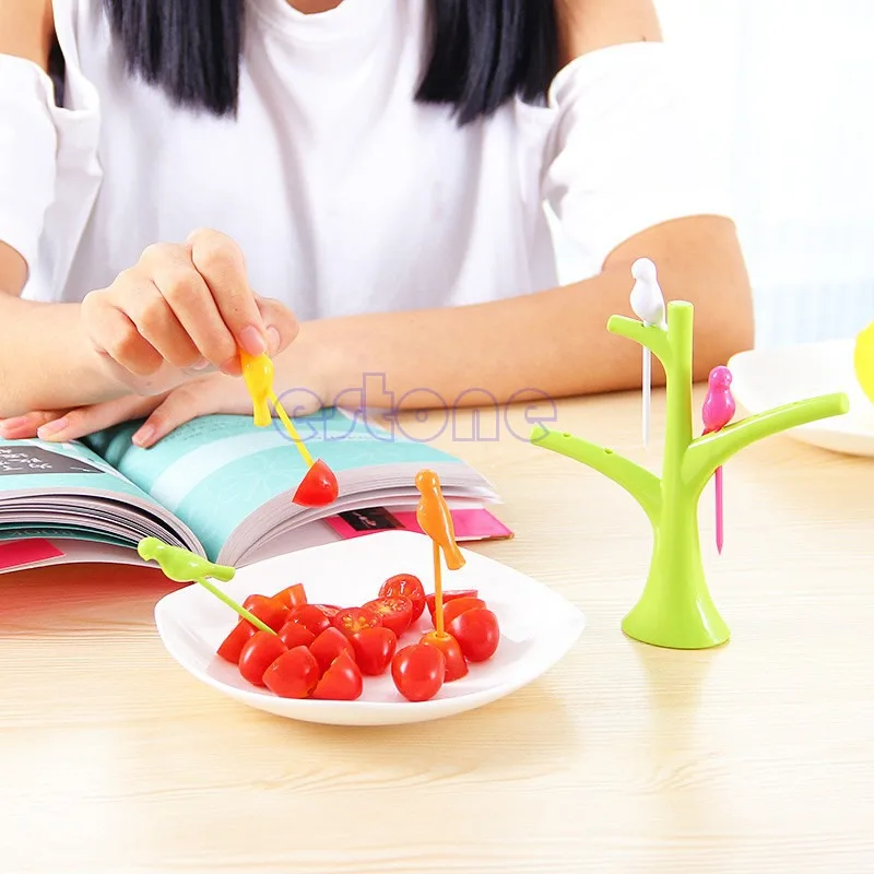 

Party Home Decor Bird Fruit Snack Dessert Forks Tool Tree Shape Holder Rack New