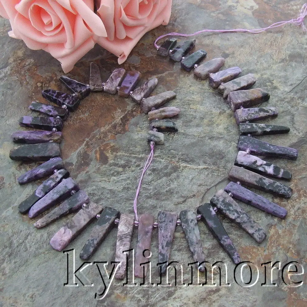 

8SE11085 6x30mm Natural Purple Charoite Top-drilled Beads 16" Strands