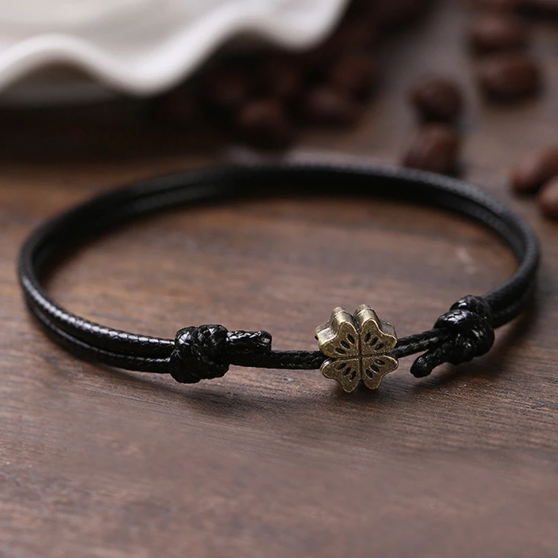 

Handmade Black Rope Retro Anklet Clover Pendant Female Ankle Jewelry Valentine's Day Present for Women 18-30cm Adjustable
