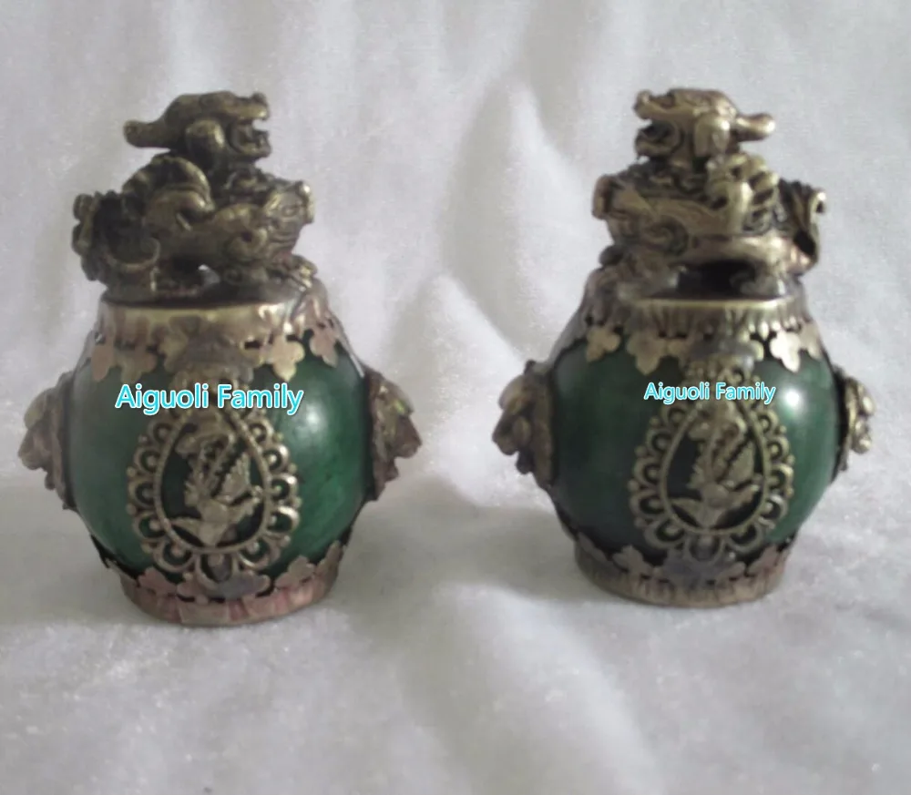 Goede Kunstcollectie 1 Paar (2 item) Tibet Zilver Groene Jade dappere troepen Standbeeld Chinese Woondecoratie FengShui \