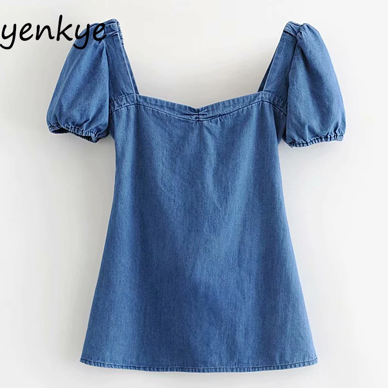 

2019 Women Balloon Sleeves Vintage Blue Denim Dress Female Sexy Back Knot Hollow Out Square Neck A-line Short Dress DWDD60242