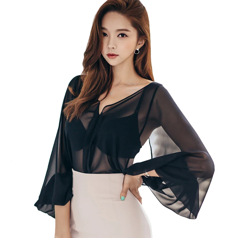 Korean Black Sheer Blouse Women Loose 