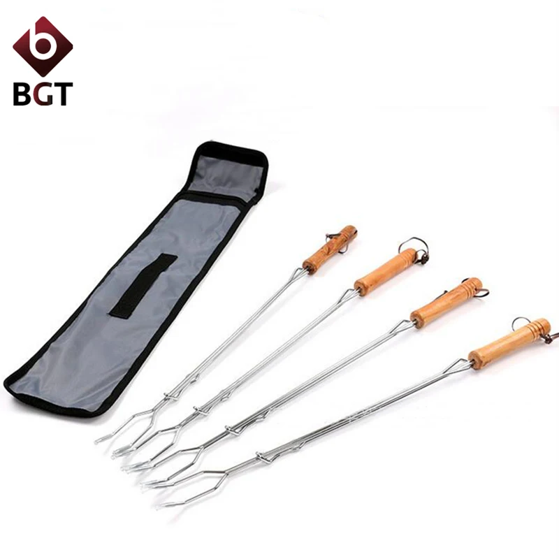 BGT 4Pcs/Set Stainless Steel BBQ Forks With Wood Handle Extensible Roasting Tools Outdoor Camping Accessories | Дом и сад
