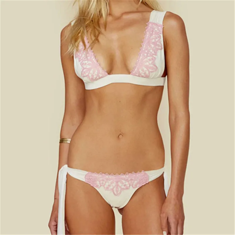

Summer Sexy Solid Bra Set Padded Bra Lace Up Bow Bandeau Bikini High Waist Triangle Swimsuit Beach Bathing Suits A4 10103