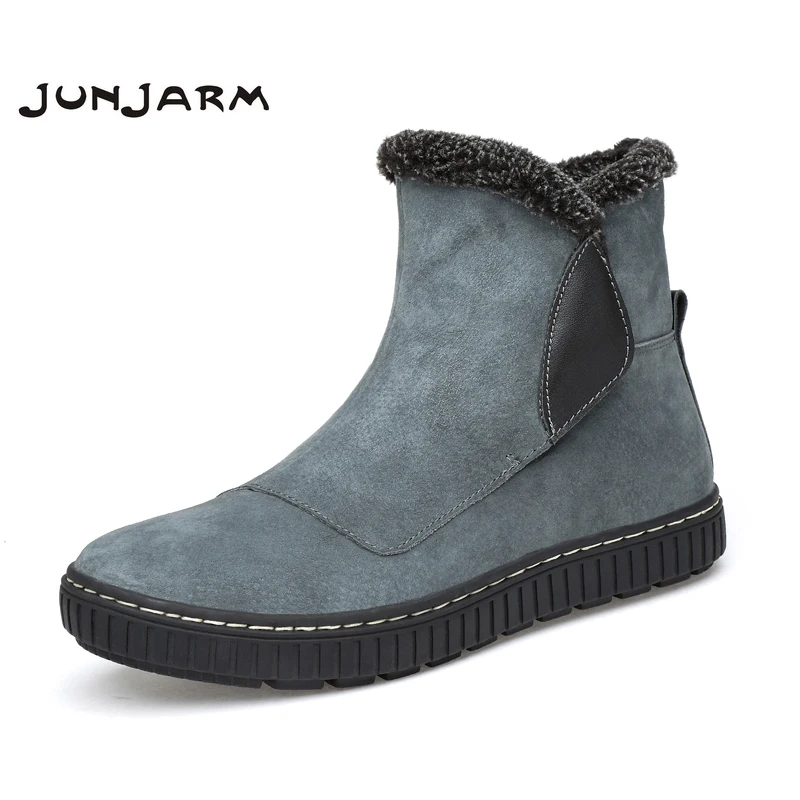 

JUNJARM 2018 Warm Plush Men Ankle Boots Luxury Brand Cow Suede Men Winter Boots Genuine Leather Boots Male Snow Boots Warm Fur