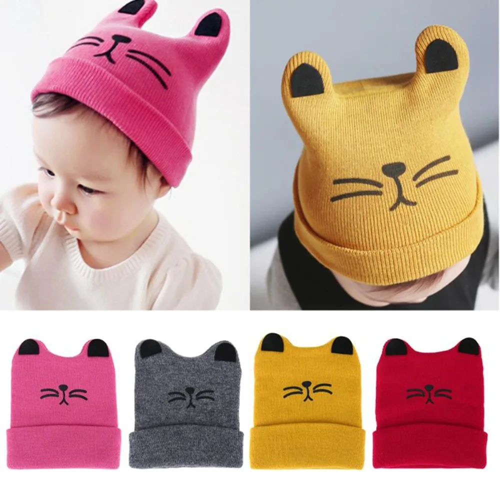Puseky Baby Hats Newborn Cartoon Knitting Cap Toddler Kids Boys Girls Cat Ear Beanie Cap Infant