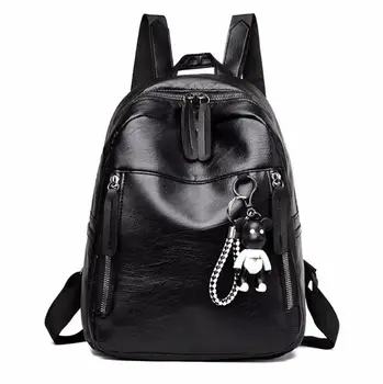 

Female backpack 2019 fashion pu black backpack waterproof wear-resistant age double zipper bear pendant outdoor shoulder bag