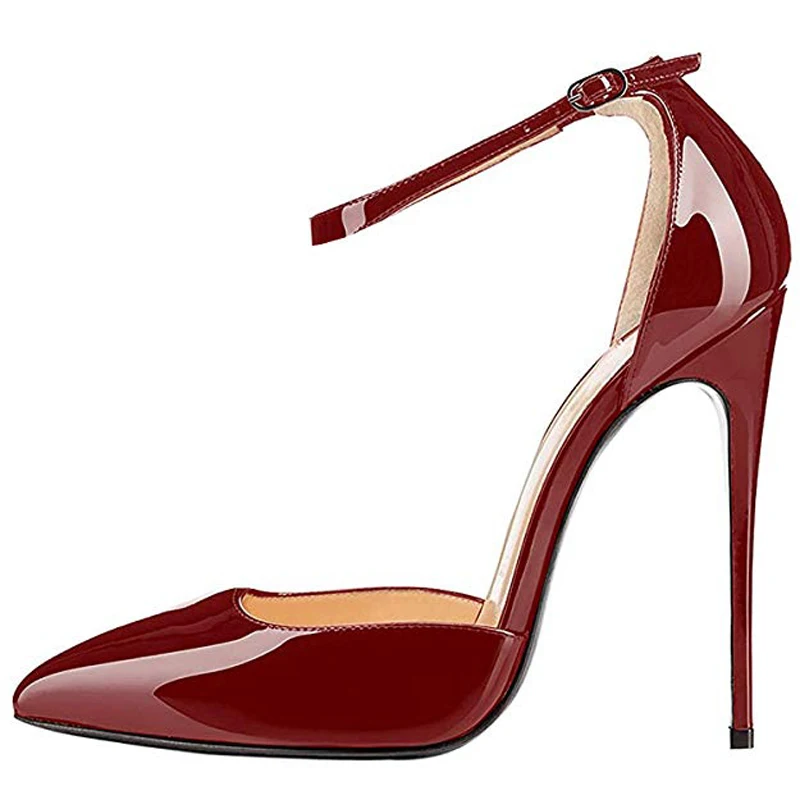 Lovirs/женские туфли-лодочки из лакированной кожи на высоком тонком каблуке с острым носком и ремешком на щиколотке; туфли-лодочки на шпильке для свадебной вечеринки; офисная и деловая Классическая обувь - Цвет: Wine Red