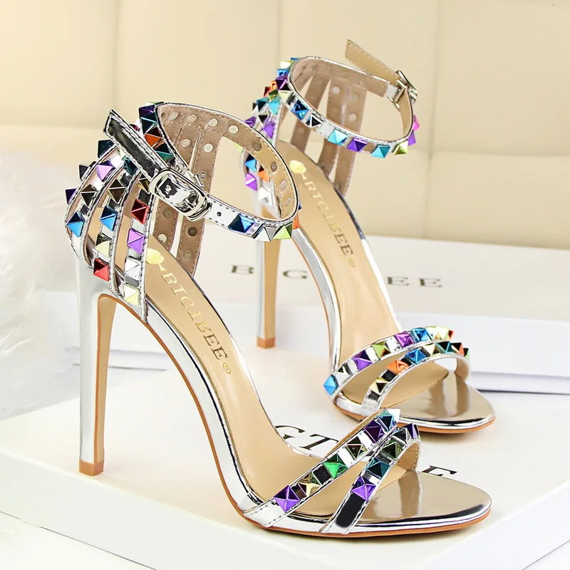 

Summer Buckle Strap High Heels Shoes Women Sandals PU Thin Heels 11cm Round Toe rivet Color matching Hollow metal Women Sandals