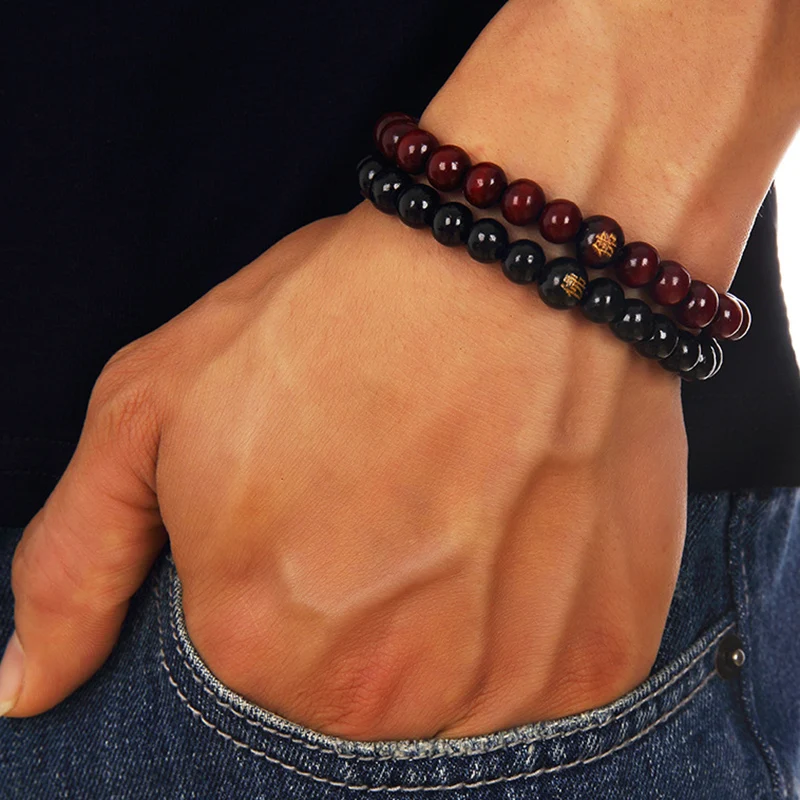 Natural Wooden Beads Bracelet Men Chakra Jewelry Hip Hop Buddha Word