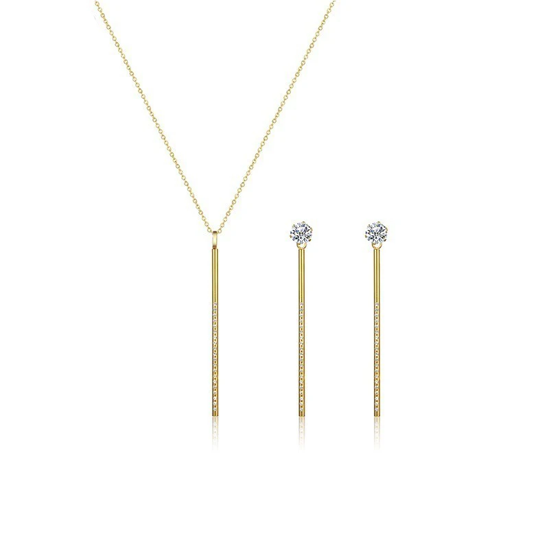 

Crystal Bar Pendent Necklace Long Vertical Minimal Necklaces with Curved Bar Earring Drop Stud Cubic Zirconia Jewelry Sets