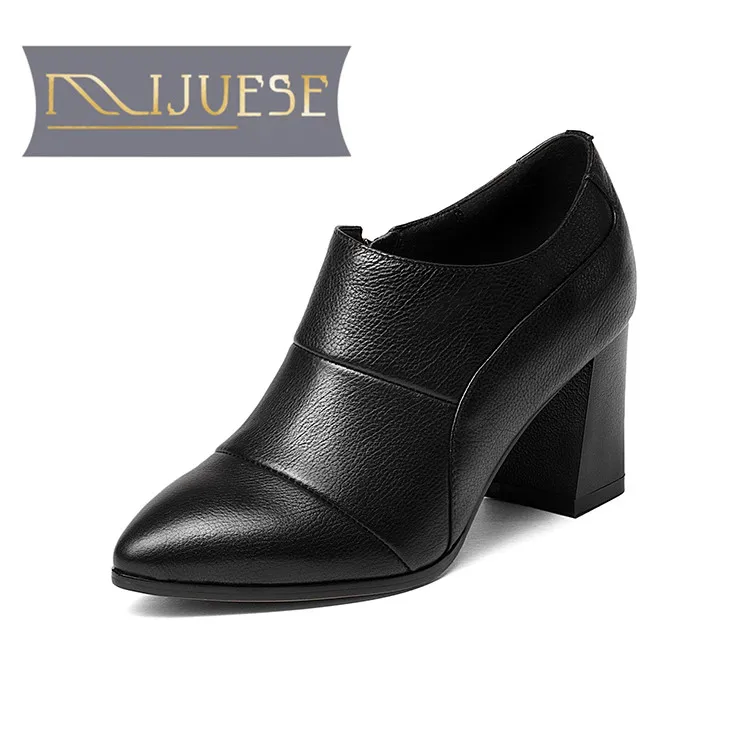 

MLJUESE 2018 women pumps Genuine leather zippers autumn spring sapato feminino pointed toe high heels women size 34-43
