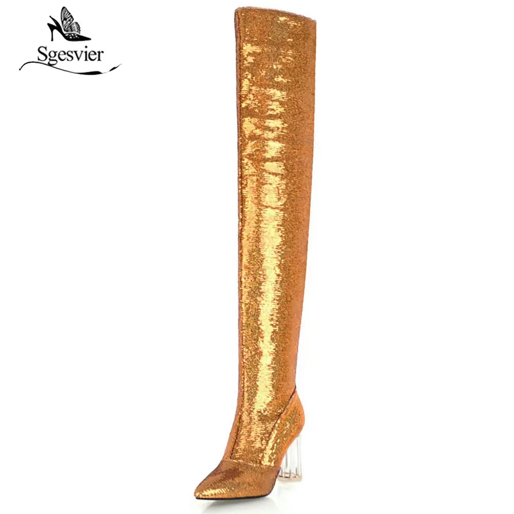 Sgesvier Bling Glitter Leather Over The Knee Boots Fashion Sequined