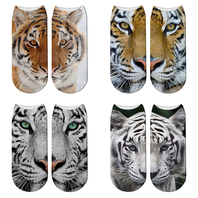 Женские носки с 3D принтом тигра, модные рождественские носки унисекс с изображением головы животных, женские забавные короткие носки с белым тигром