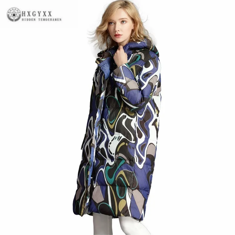 

2019 Fashion European Vintage Style Hooded Hat White Down Jacke Print Casual Big Size Parka Long Winter Coat Women Clothes J087