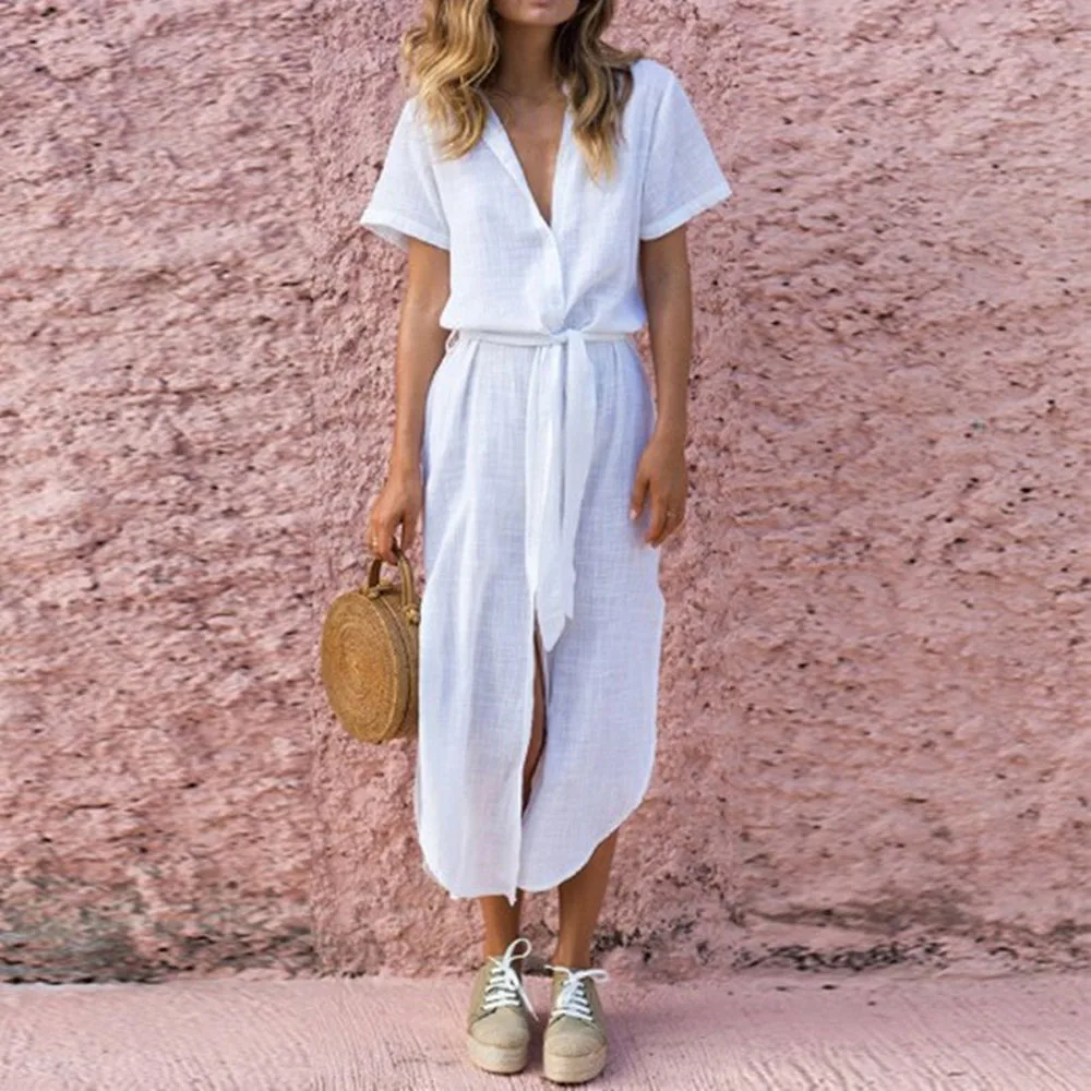 

Vogue 4colors Women lady Summer irregular dress Boho short sleeve casual shirt dress holiday beachwear Party Dress Sundress