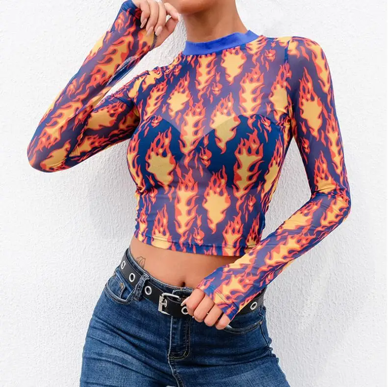 

Sexy Transparent Long Sleeve Crop Tops Tees Fire Printed See Through T Shirt Women Streetwear Tee Shirt Femme Spring