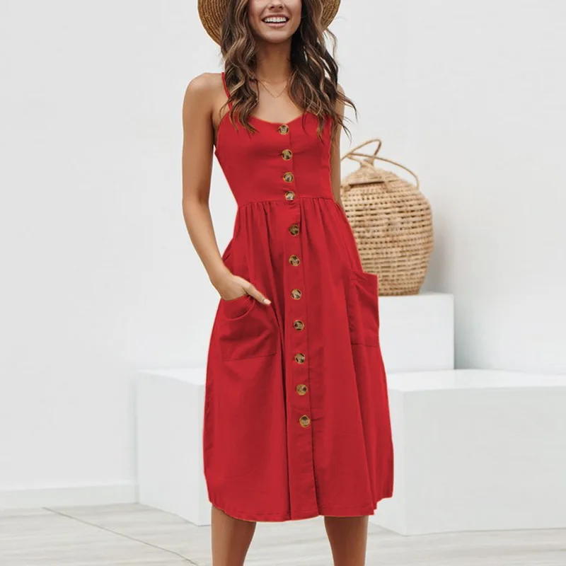 

Laamei Women Summer Dress 2019 Sexy Straps Bohemian Button Beach Dress Girls Fashion Red Pocket Holiday Sundress Boho Vestidos