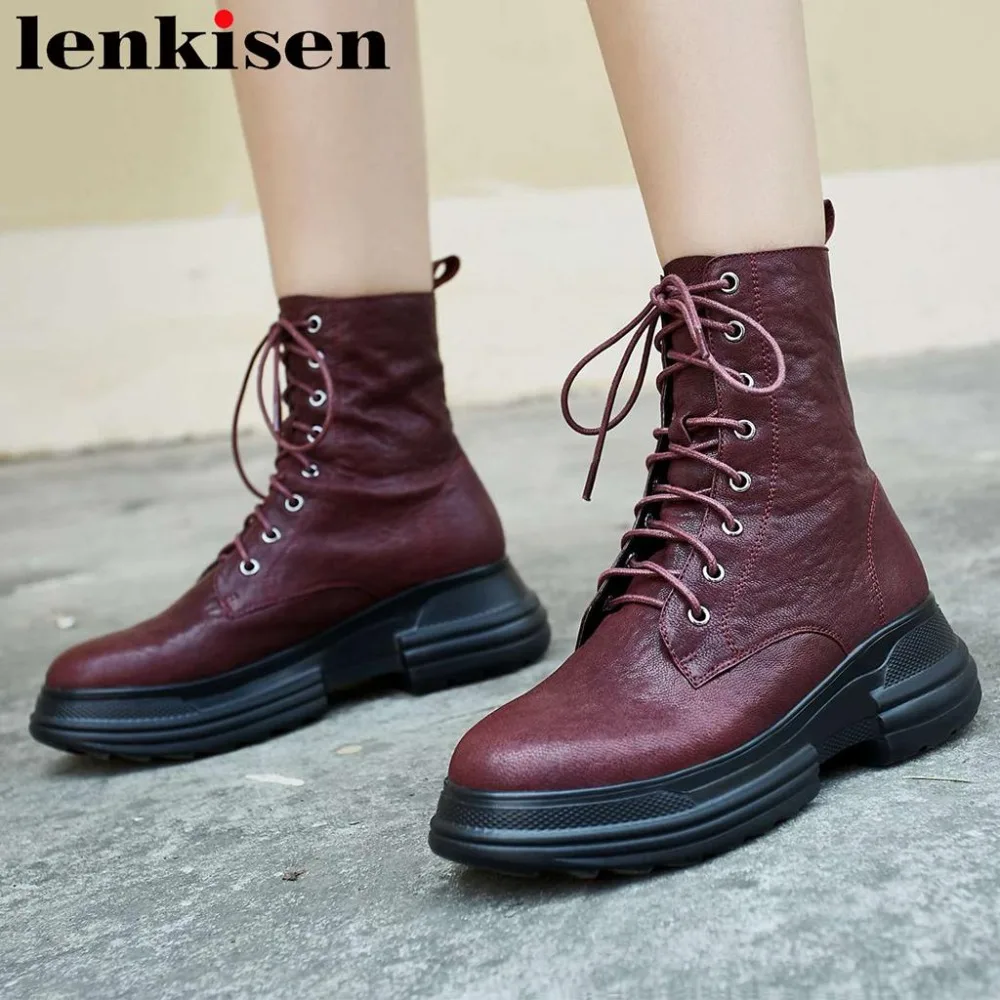 

Lenkisen lace up short mid-calf boots luxury sheep leather round toe high bottom platform modern motorcycle boots retro shoe L12