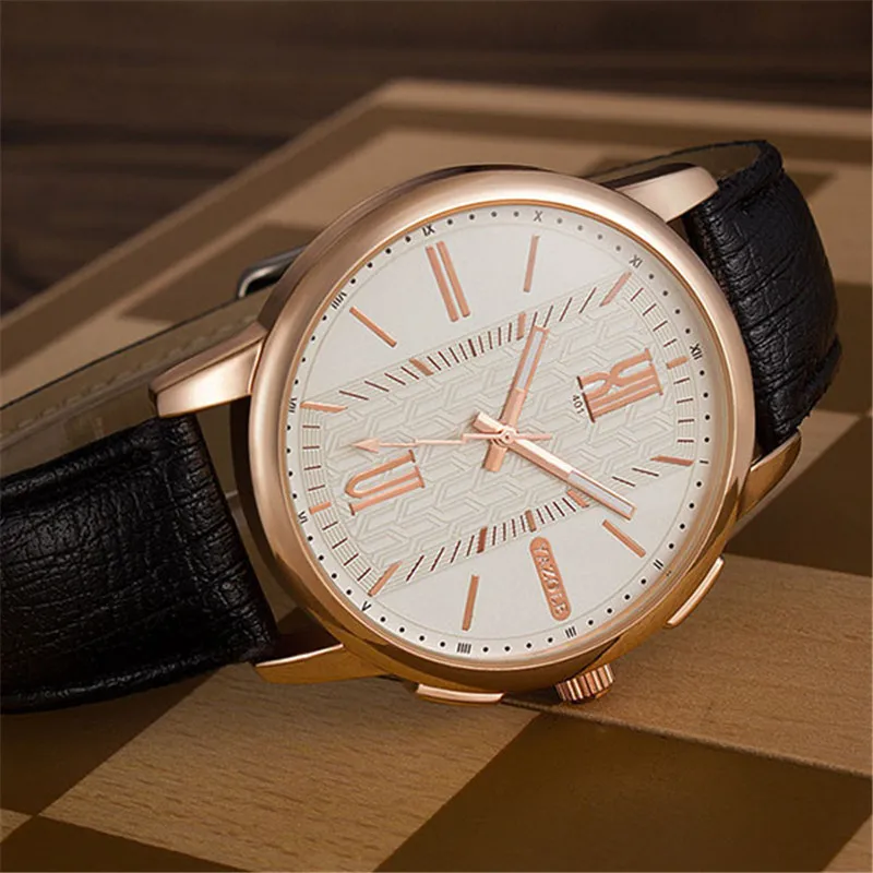 

New Fashion Rose Gold Case Men Bracelet Watch Quartz Wristwatches Dress Leather Band Wrist Watch Roman Number Dial Reloj Hombre
