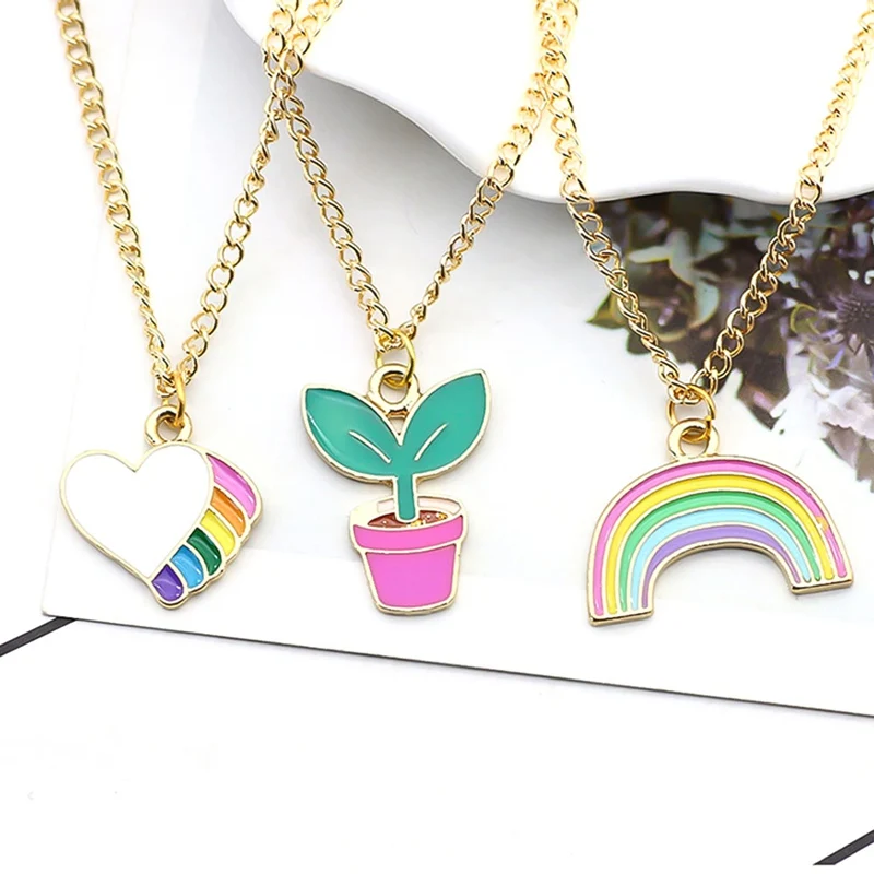 

Colorful Love Potted Rainbow Necklace Plant Cartoon Colorful Necklace Creative Color Drop Oil Jewelry Cute Girl Gift