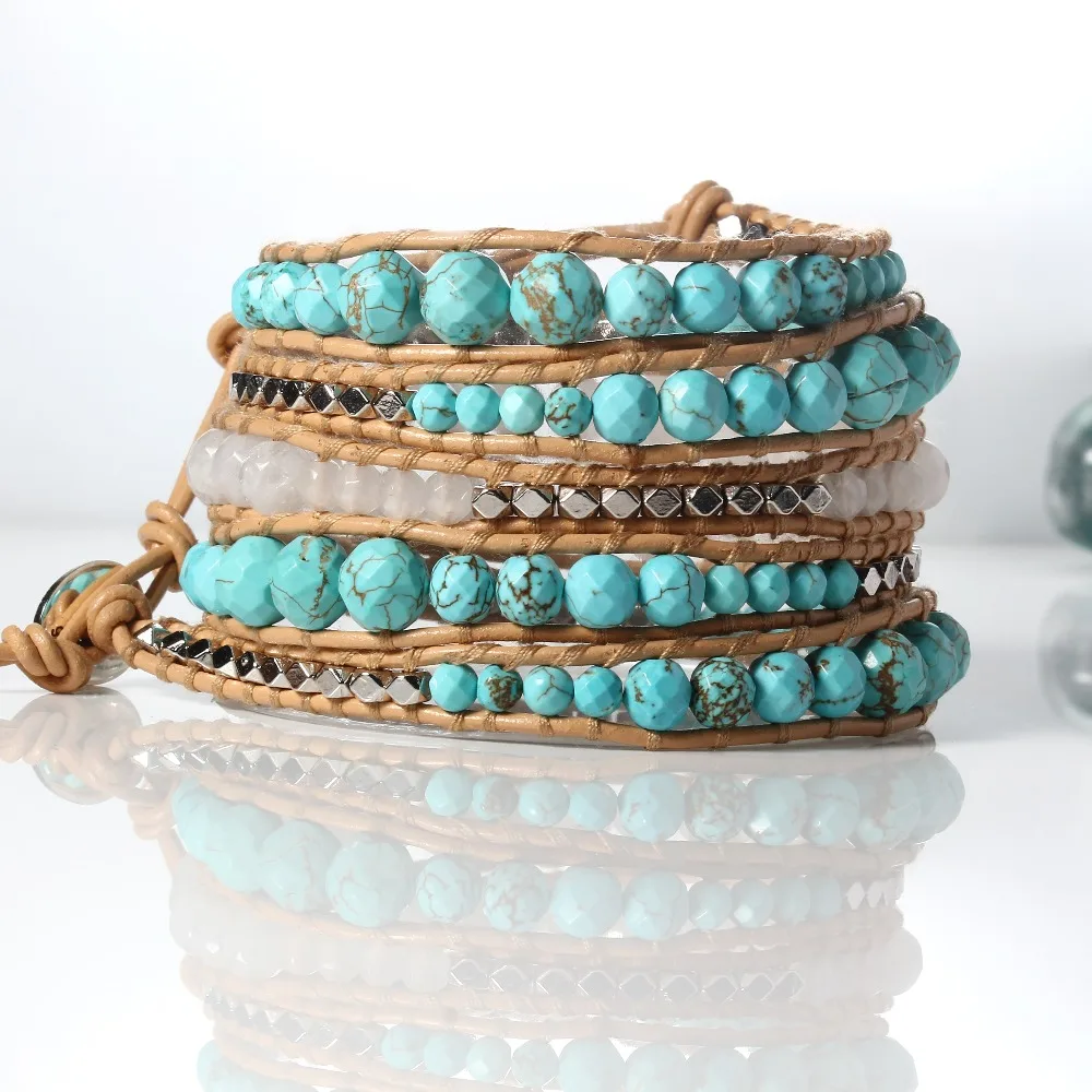 New 1pc Natural Faceted Green Stone Bracelet White Stone 5 Wrap Leather