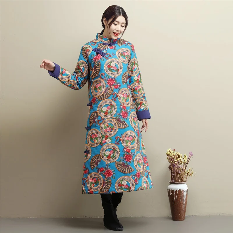 Retro donne cinesi Lungo Floreale Trapuntato Cappotti Folk Stile Giacche Cappotti Parka