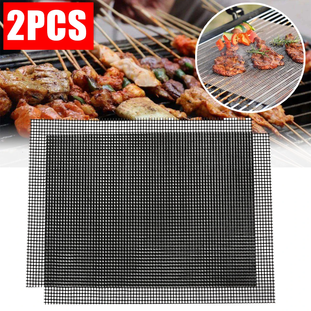 

2Pcs Reusable Non Stick Grill Mat BBQ Mesh Grid Shape Cooking Grilling Sheet Home Garden BBQ Tools
