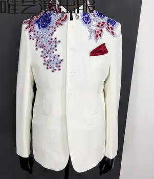 

Stand collar embroidery clothes men Chinese tunic suit stage singers jacket men sequins blazer dance star style dress white