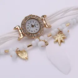 Женская Мода Rhinestone инкрустированные кос браслет часы Перо кварцевые наручные часы