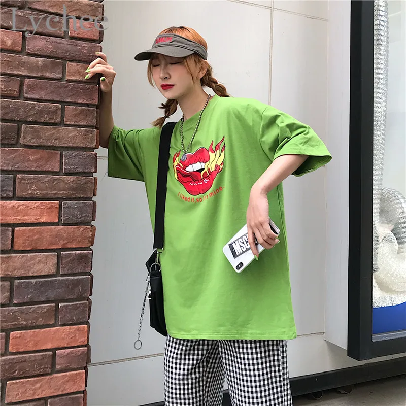 Женская футболка с надписью Lychee Harajuku летняя зеленая коротким рукавом и круглым