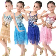 Детская Латинской Сальса Бального Танца Платье Девушки Костюмы Блестками Кисточки Танцевальная Одежда 6 Цветов