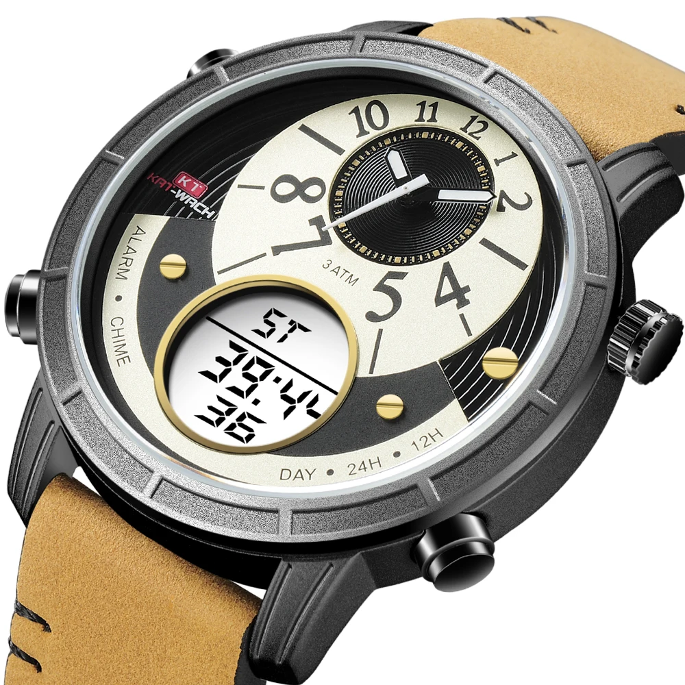 

New Creative Fashion Men Sport Watches Mens LED Analog Digital Alarm Watch Army Military Leather Quartz Watch Relogio Masculino