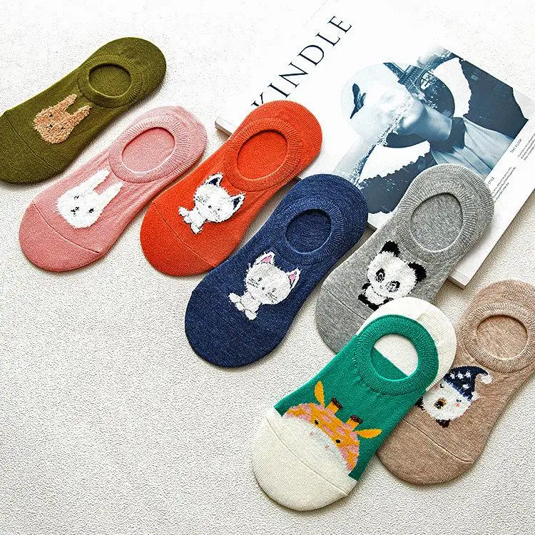 

Fashion Women Boat Socks Slippers Soft Breathable Cat Print Pattern Candy Color Cotton Low Short Socks Drop Shipping