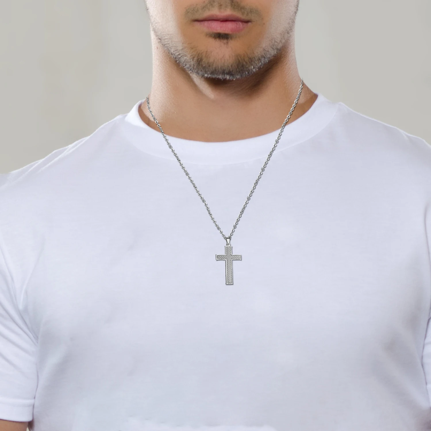 BONISKISS Carbon Fiber Stainless Steel Men's Cross Necklace 21.5 Inch