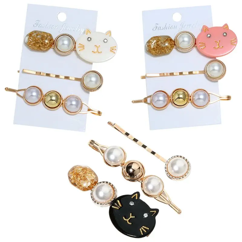 

3Pcs Japanese Women Girl Cute Meow Cat Hair Clip Imitation Pearl Beaded Hairpin Golden Tinfoil Sequins Acetate Styling Barrettes