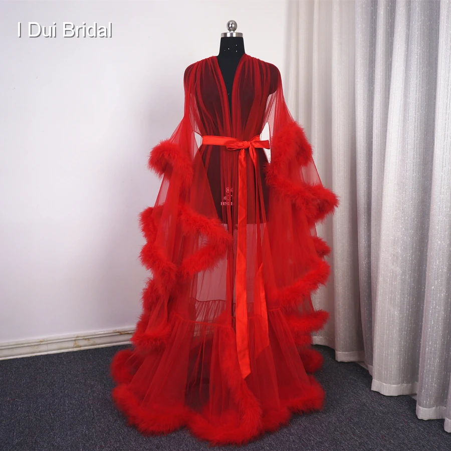 Feather Tulle Illusion Evening Dress Long Sleeve Robe Scarf Party Gown School Dance Dress Dressing Gown