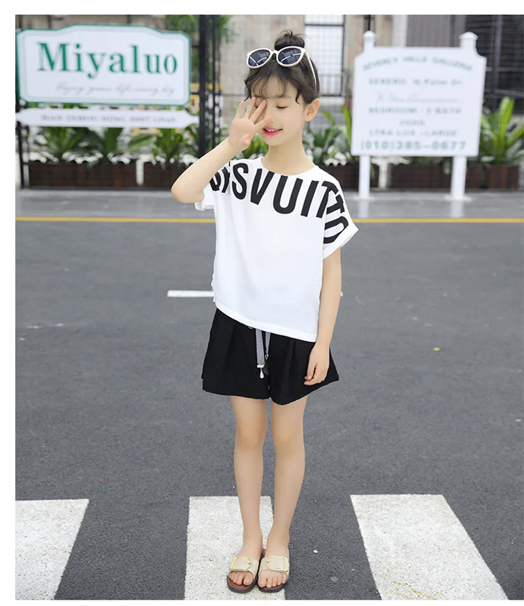 Summer Children Clothing Sets For Girls 2019 Fashion Letter Print Tshirts Tops Shorts Teenage Clothes 2Pcs Kids Suit 10 12 Years (15)