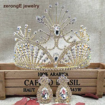 

zerongE jewelry 4.1" large luxury gold rhinestone carnival crown hair tiara headband comb crown with earring matching