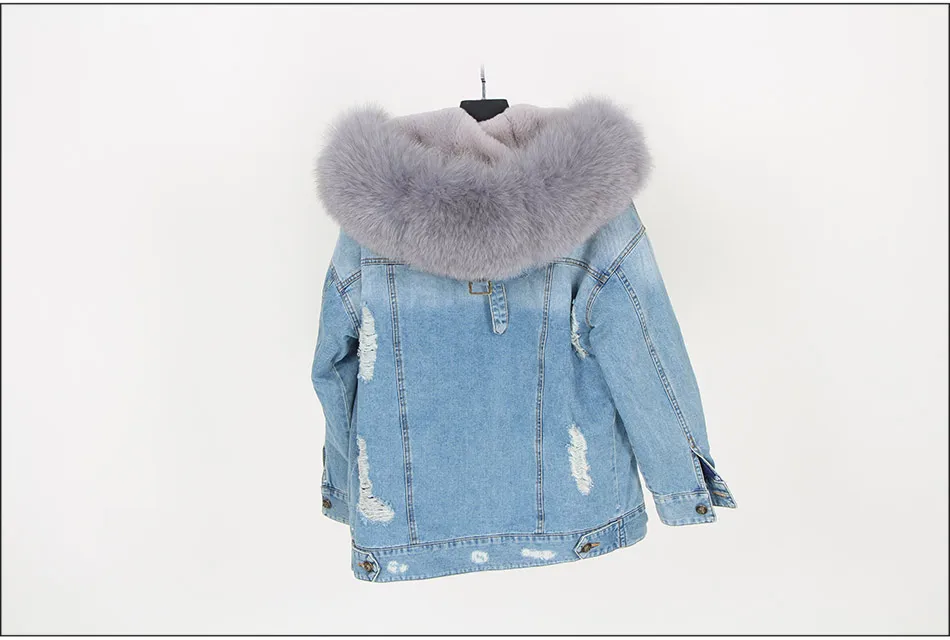 Maomaokong natural rabbit fur lined denim jacket fox fur coat coat fashion denim fox fur warm lady winter jacket women parka