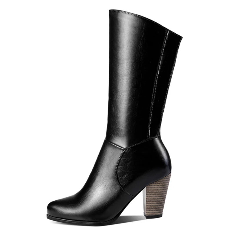 

Plus size 48 New Autumn Winter Mid-calf Boots Women Fashion High Heels White PU Leather Boots Quality Designer Shoes Ladies