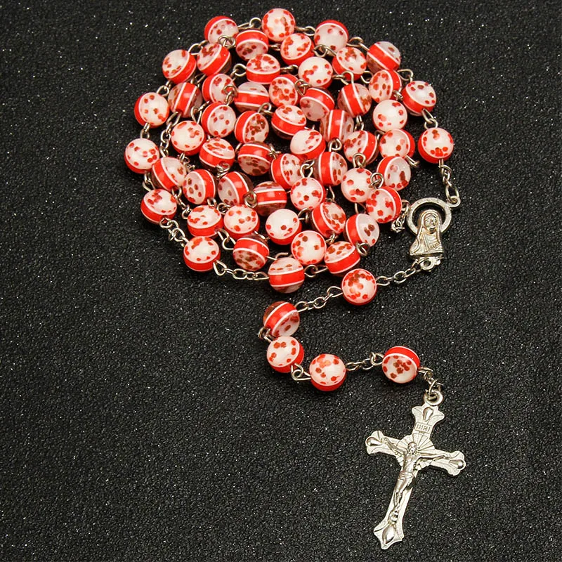 8 mm plastic rosary necklace, Virgin Mary / Jesus cross prayer necklace