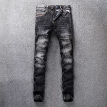 Fashion Streetwear Men Jeans Black Gray Color Destroyed Ripped Jeans For Men Embroidery Patch Design Denim Pants Classical Jeans newsosoo fashion men streetwear ripped jeans pants personality distressed patch denim trousers multi zippers patterns embroidery