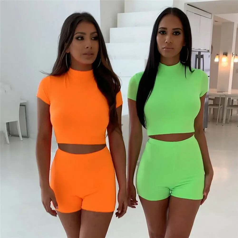 Women 2 Piece Set Crop Top and Shorts Bodycon Outfits Short Sets Sport Casual 2019 Summer New | Женская одежда