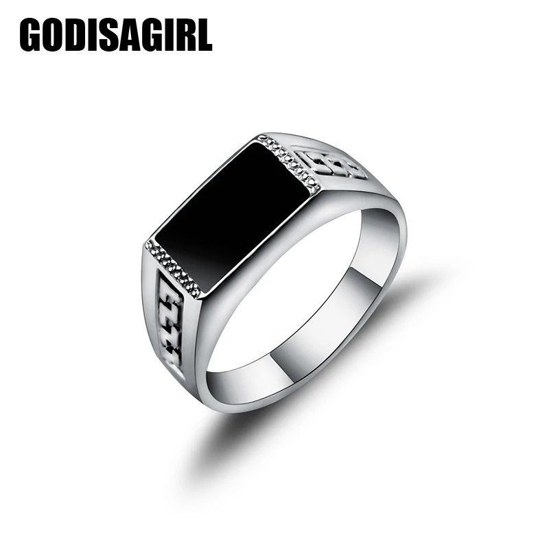 New Good Quality White Gold Color Jewelry Male Ring Fashion Square Black Enamel Men Rings