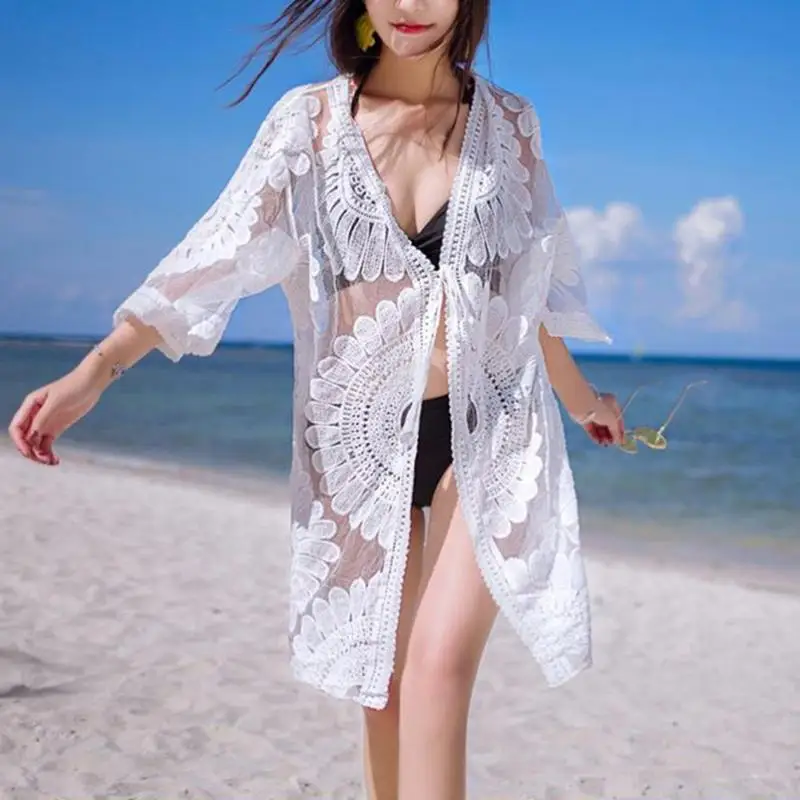 

Summer Women's Beach Sunscreen Clothing Hollow Perspective Beauty Back Lace Hook Flower Long Sleeve Bikini Blouse