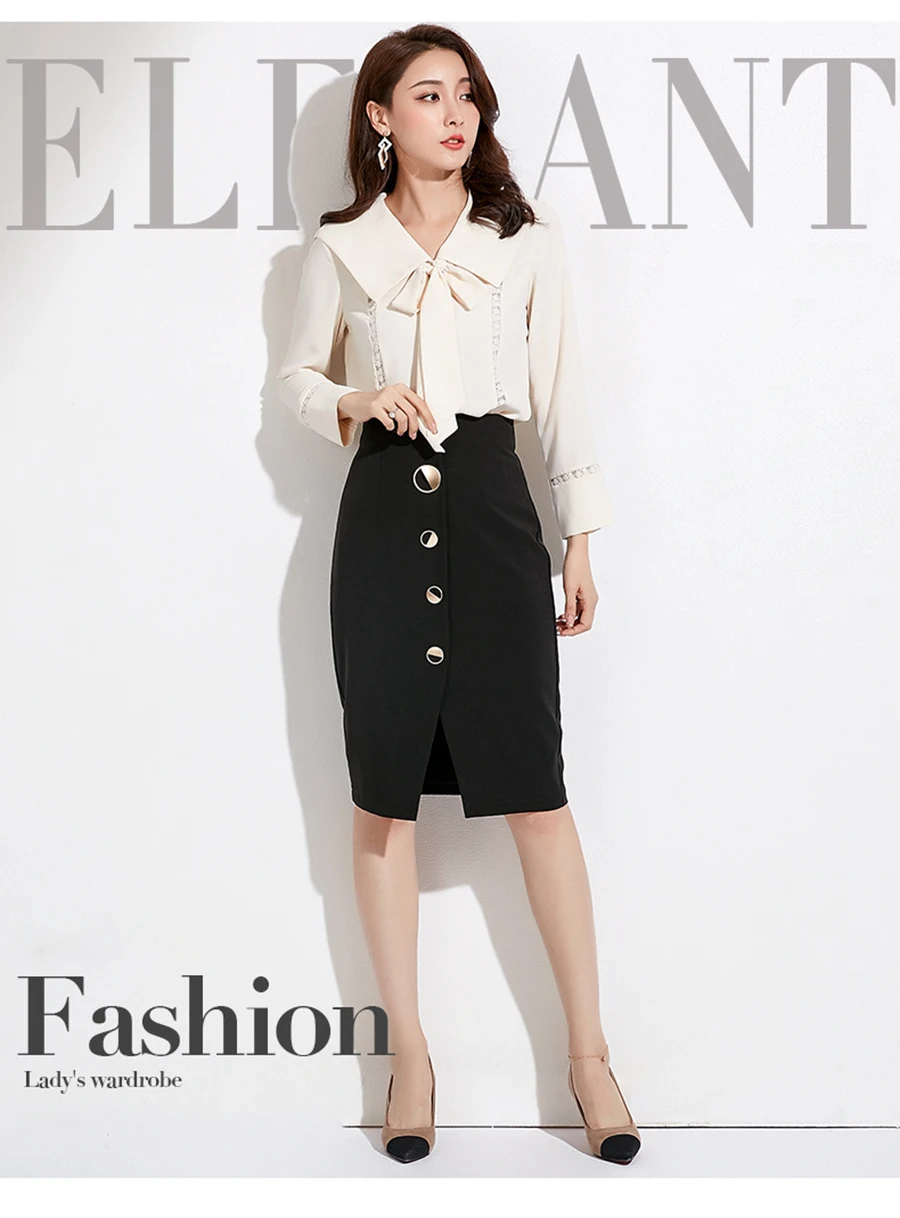 Autumn Winter Women Sexy Skirts High Waist Black Knee-Length Splitting Skirt Office Lady Business Type Wrap Skirt Single Button (1)