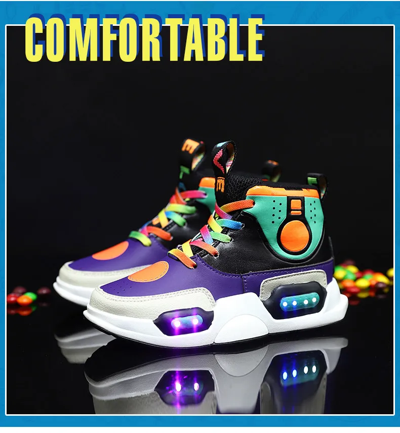 2019 New USB Charging Basket Children Led Shoes Boys With Light Up Casual Kids Shoes Girls Sneakers Glowing Shoes Genuine Leather  (15)