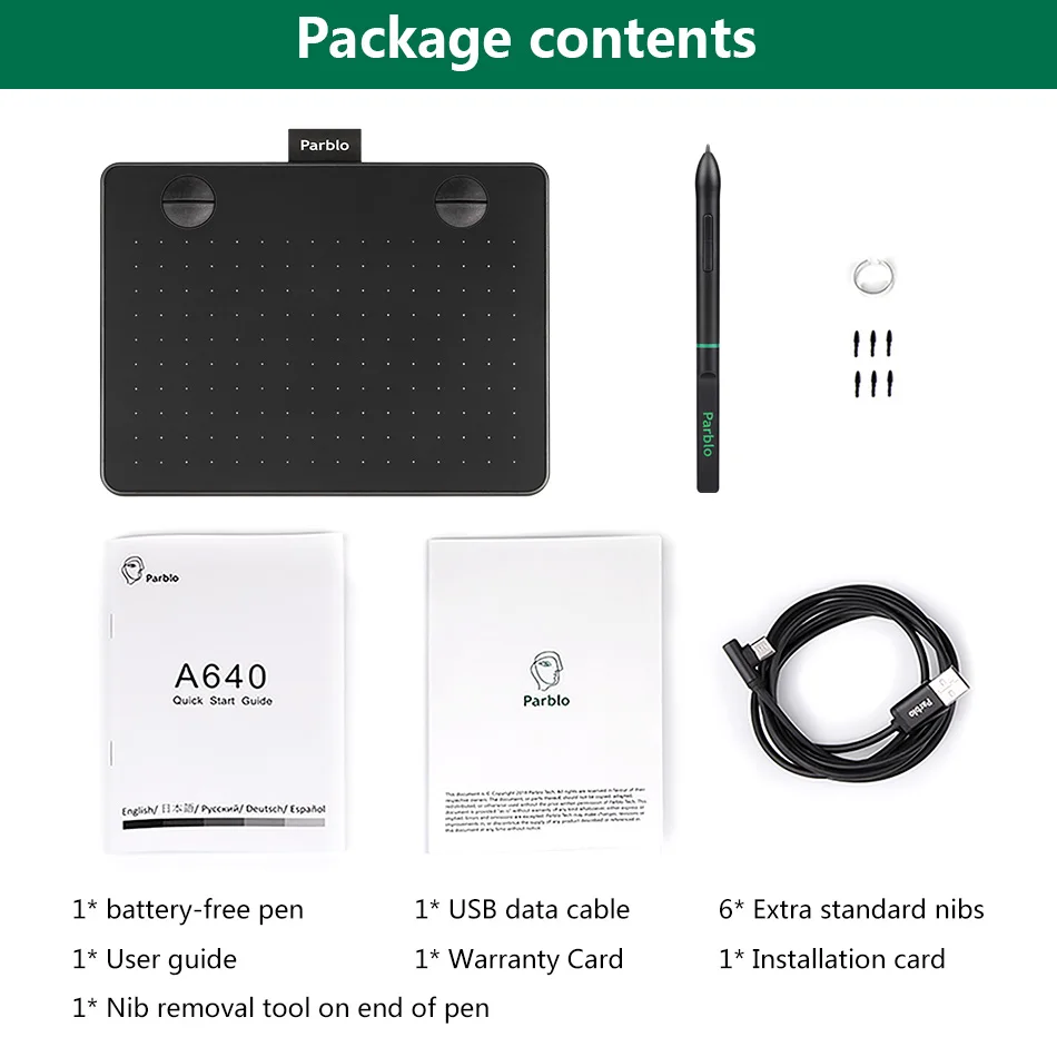 Parblo A640 7,2*5,9 дюймов цифровая ручка планшет графический планшет 8192 уровней давления без батареи Стилус черный/зеленый цвет